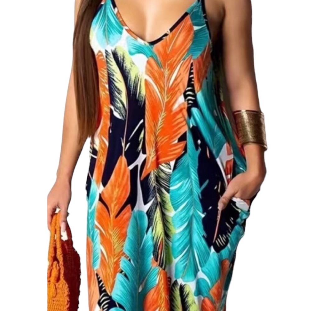 Backless Boho Tropical Leaf Print Maxi Multi-Colored Dress - Picture 3 of 9